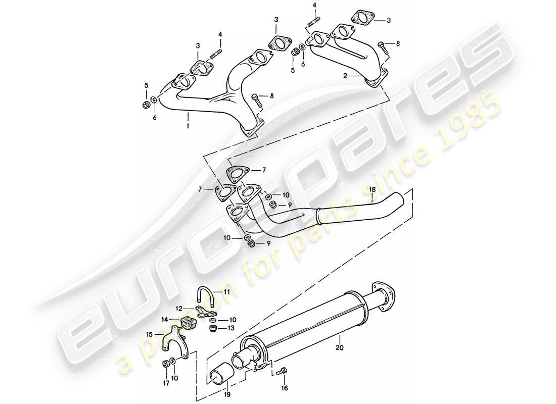 porsche 944 (1983) sistema de escape - silenciador de escape, delantero diagrama de piezas