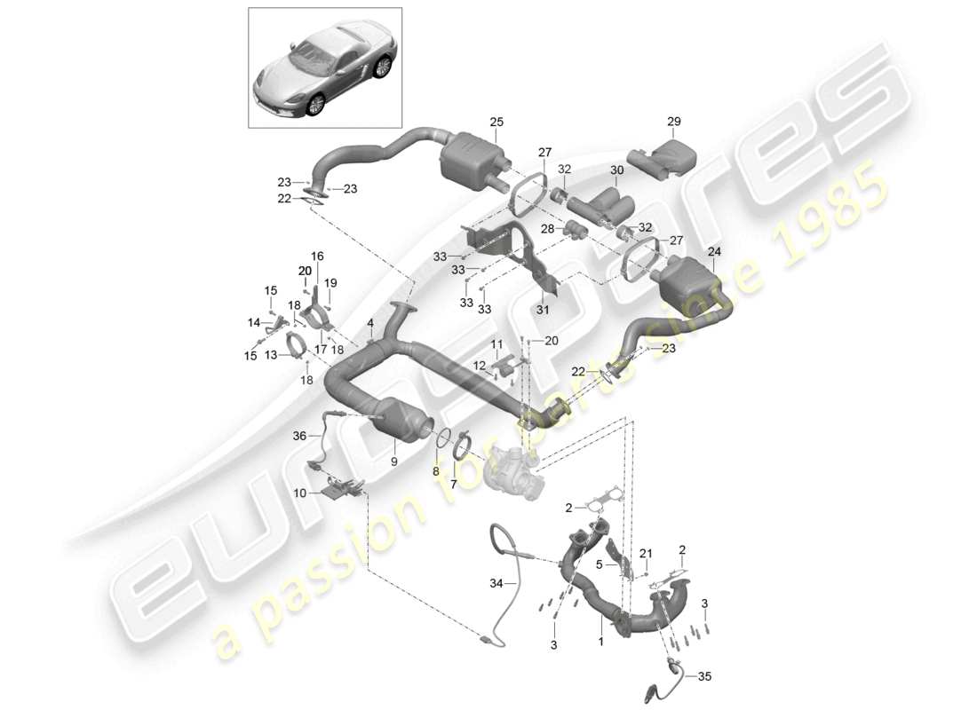 porsche 2020 (718 boxster) sistema de escape silenciador convertidor catalítico diagrama de piezas