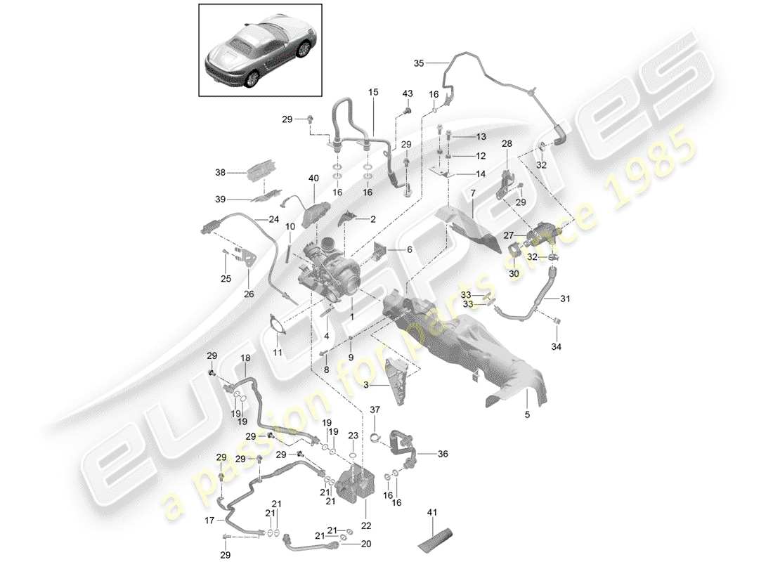 porsche 2017 (718 boxster) diagrama de piezas del turbocompresor de gas de escape
