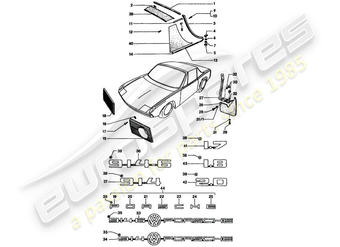 porsche 1972 (914) accesorios decorativos diagrama de piezas