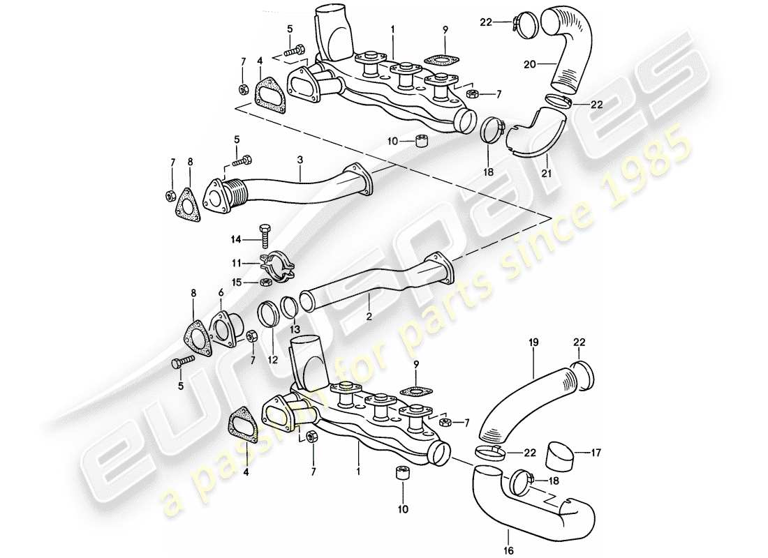 porsche 1986 (911) sistema de escape - núcleo del calentador diagrama de piezas
