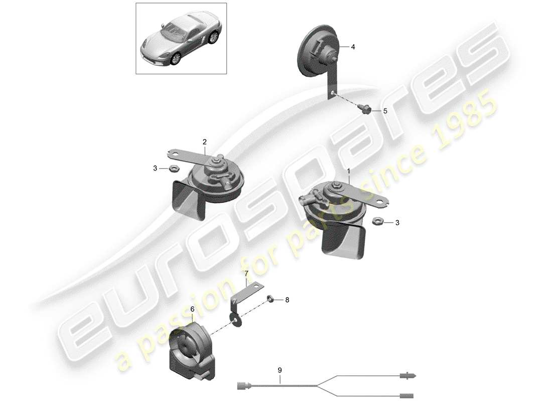 porsche 2019 (718 boxster) diagrama de piezas de la bocina de fanfaria