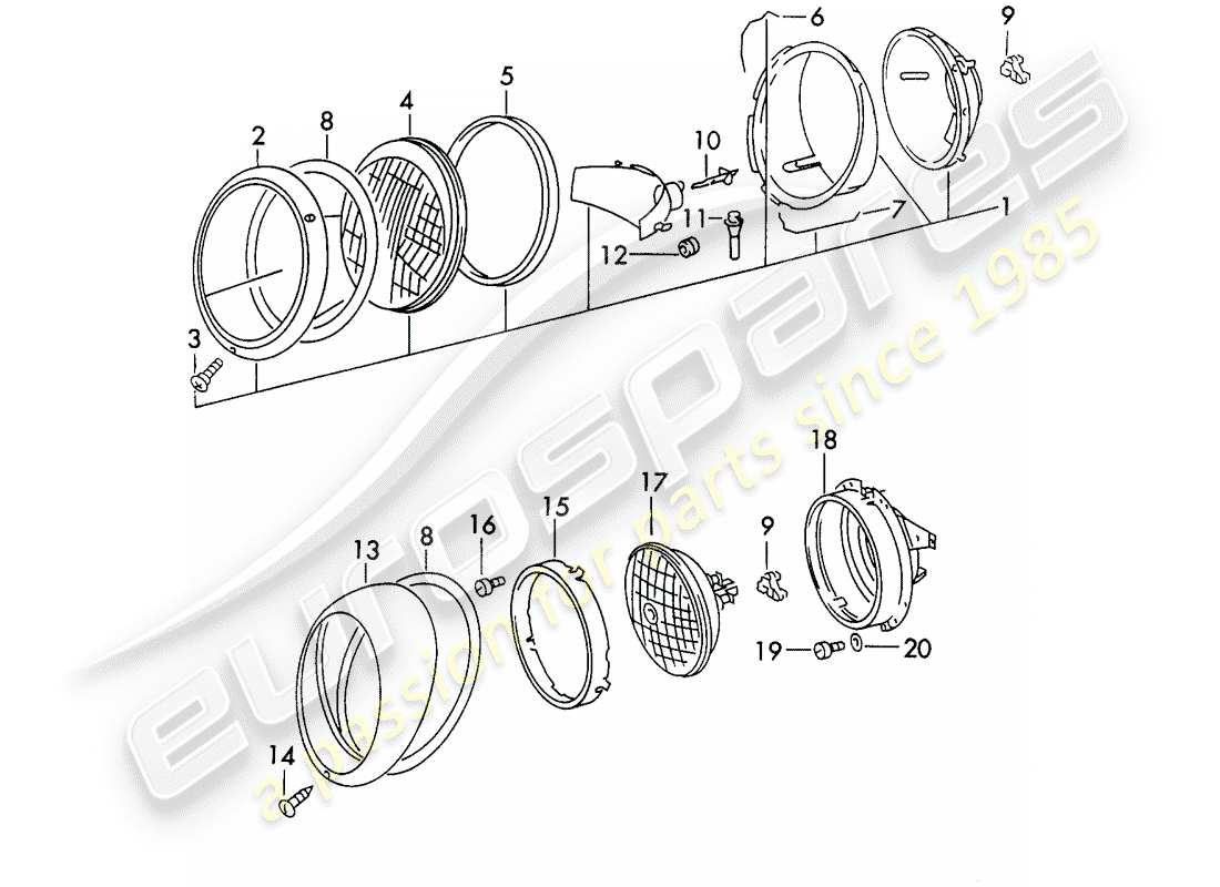 porsche 1972 (911) diagrama de piezas del faro