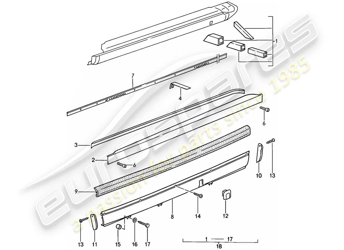 porsche 1987 (911) modelo especial - diseño de punta plana - paneles exteriores diagrama de piezas