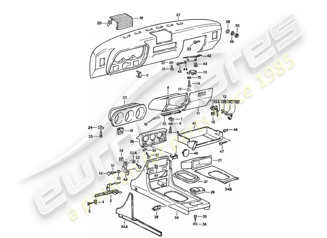 porsche 1987 (924s) tablero - consola central diagrama de piezas