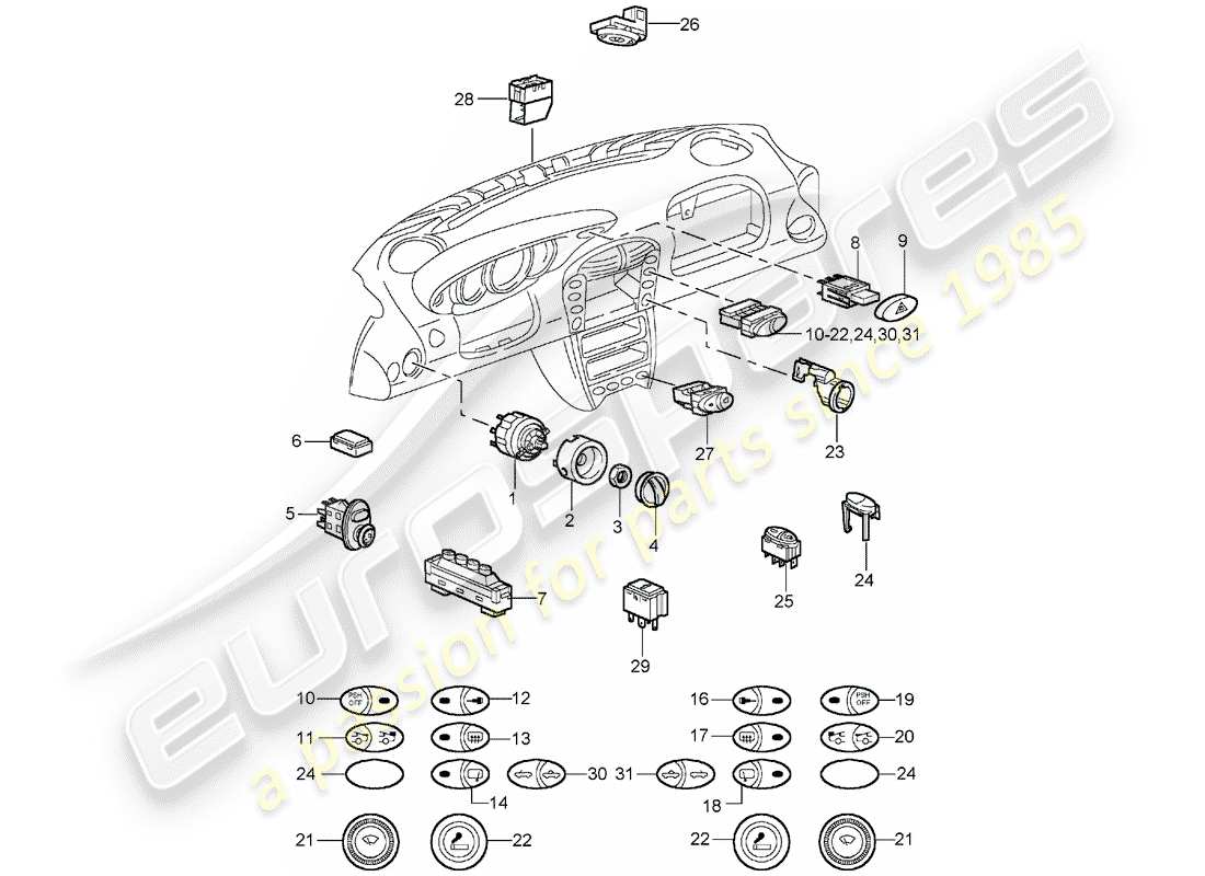 porsche 2002 (996 turbo / gt2) switch diagrama de piezas