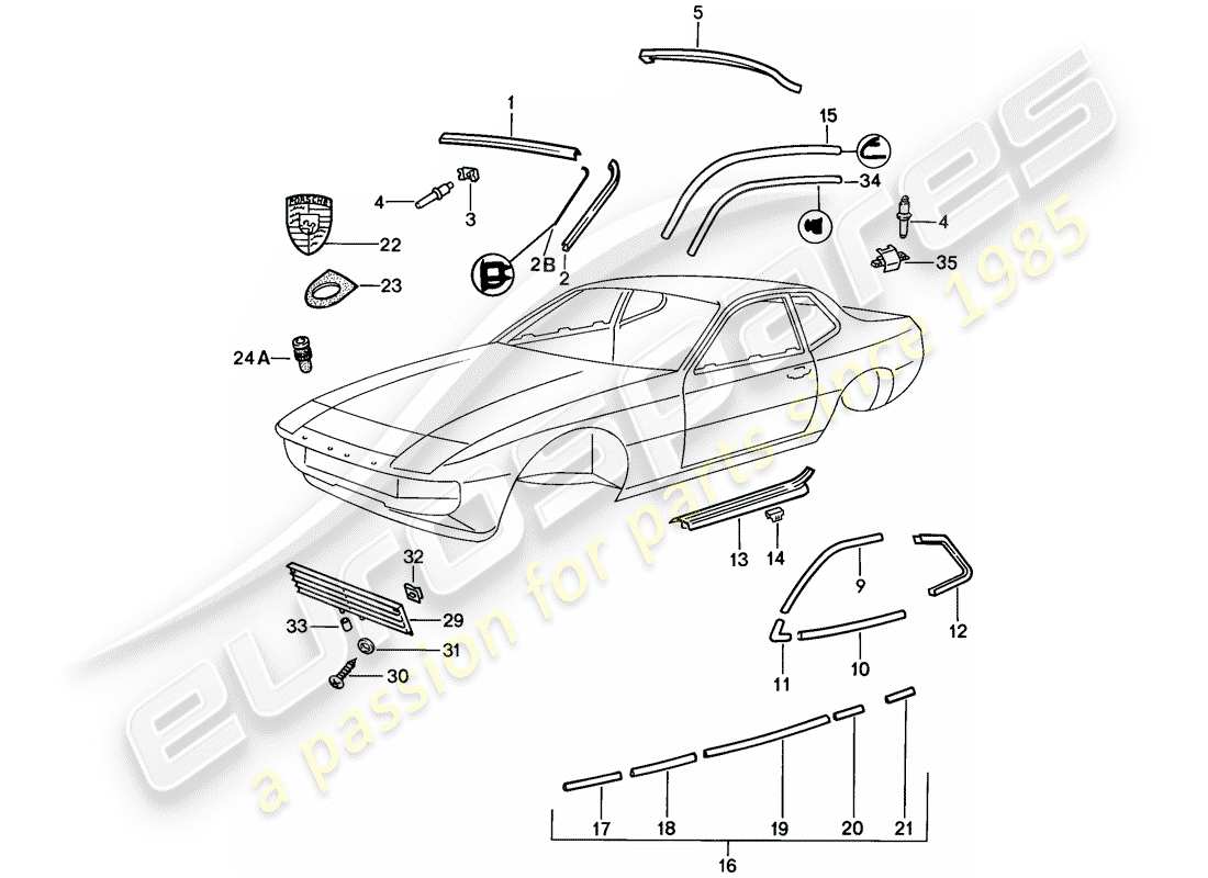 porsche 1987 (924s) moldura decorativa diagrama de piezas