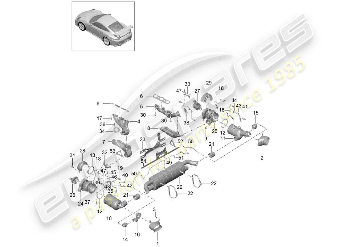 porsche 991 turbo (2020) diagrama de piezas del sistema de escape