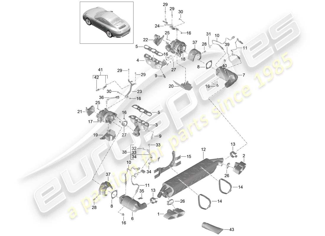 porsche 991 turbo (2020) sistema de escape diagrama de piezas
