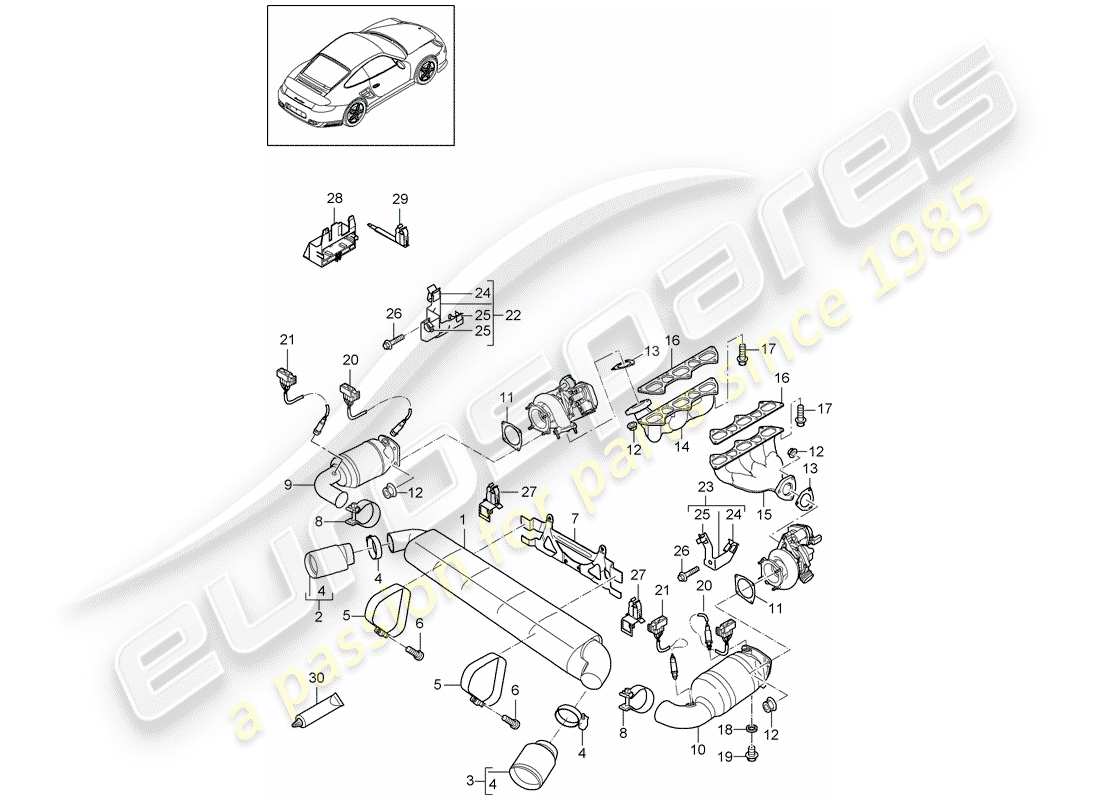 porsche 2012 (997-2 turbo / gt2 rs) sistema de escape diagrama de piezas