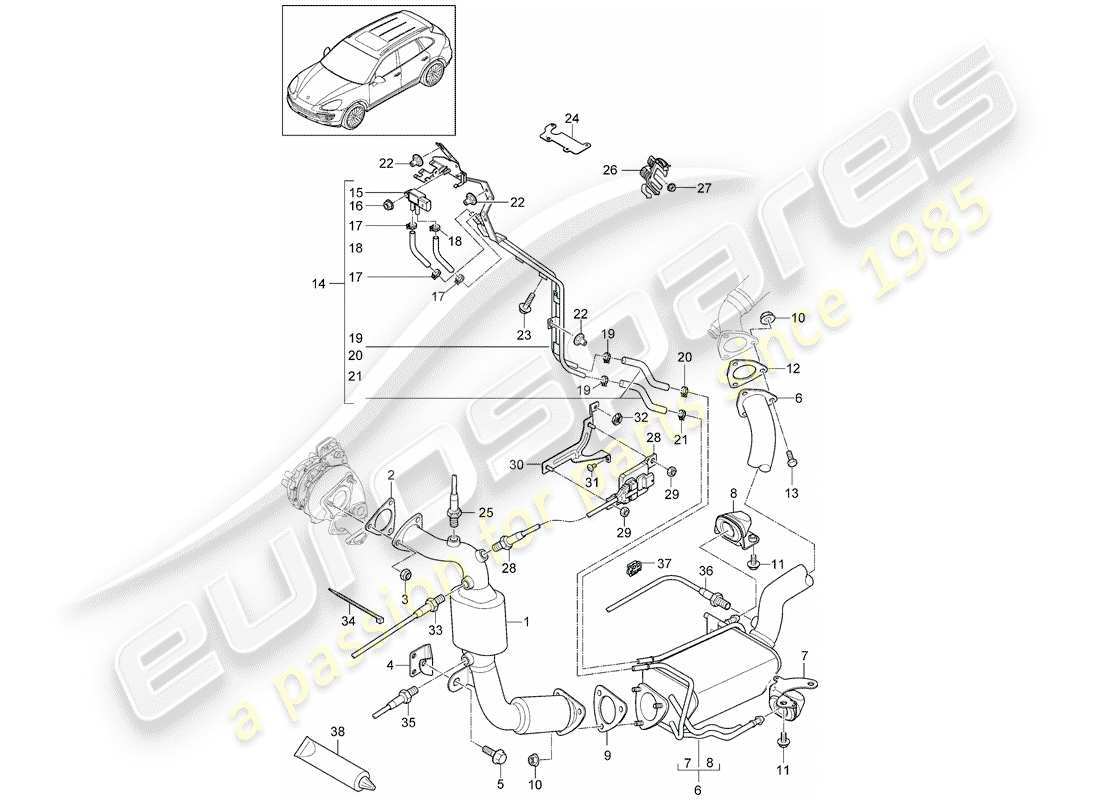 porsche 2017 (cayenne e2 92a) sistema de escape diagrama de piezas