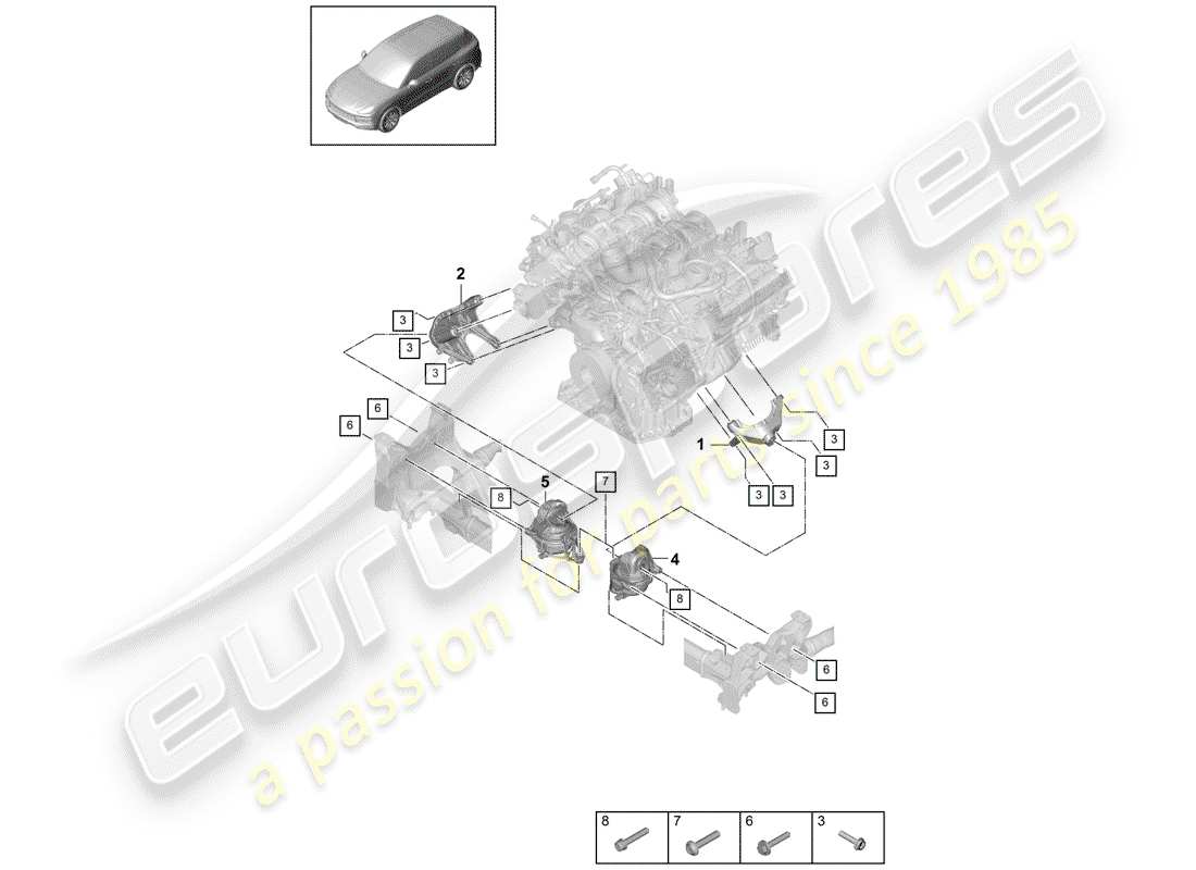 porsche 2020 (cayenne e3 9ya/9yb) dispositivo de elevación del motor diagrama de piezas