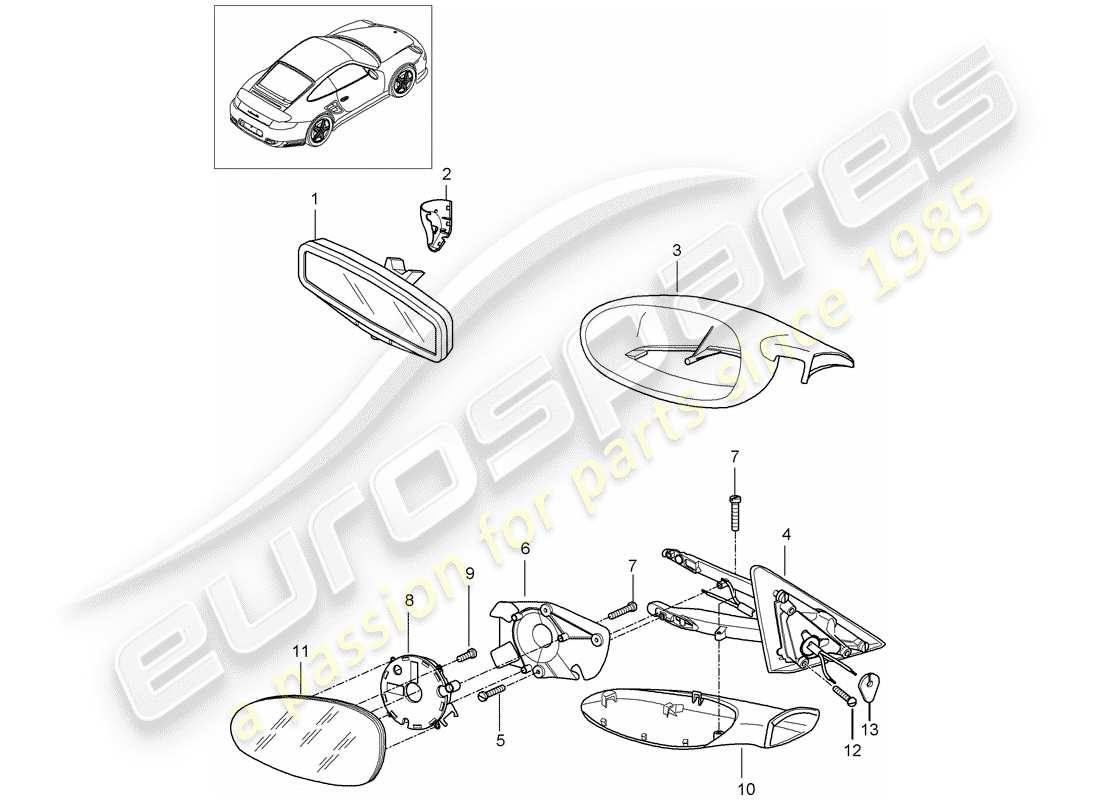 porsche 2011 (997-2 turbo / gt2 rs) espejo retrovisor interior diagrama de piezas