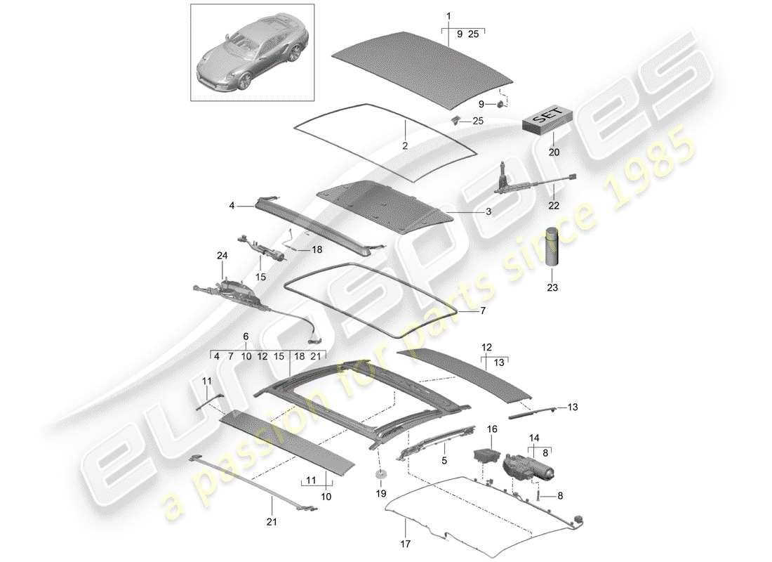 porsche 2019 (991-2 turbo) techo corredizo de cristal diagrama de piezas