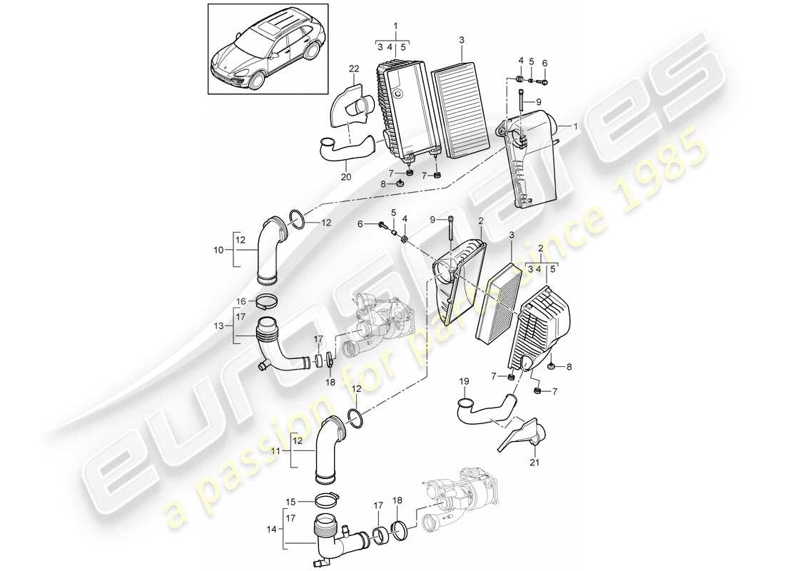 porsche 2017 (cayenne e2 92a) filtro de aire con conexión diagrama de piezas