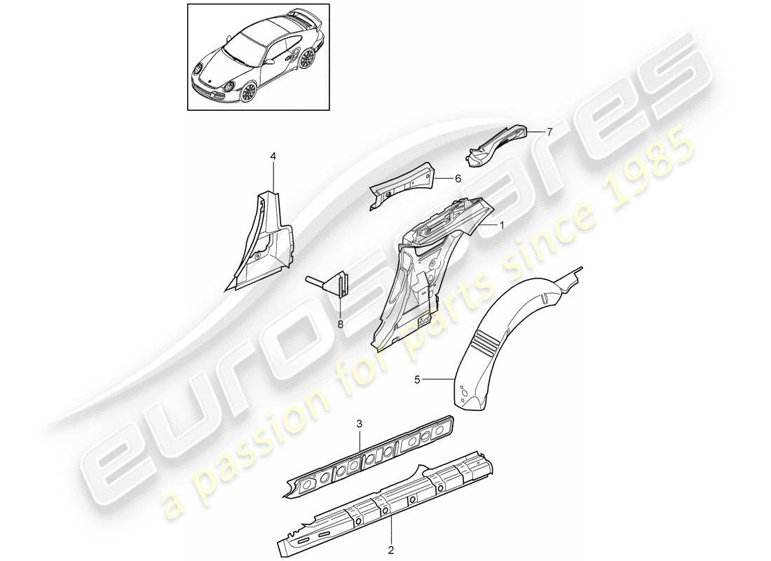 porsche 911 t/gt2rs (2011) diagrama de piezas del panel lateral