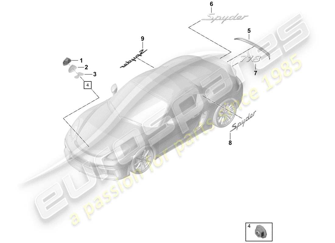porsche 2020 (718 boxster spyder) placas de identificación diagrama de piezas