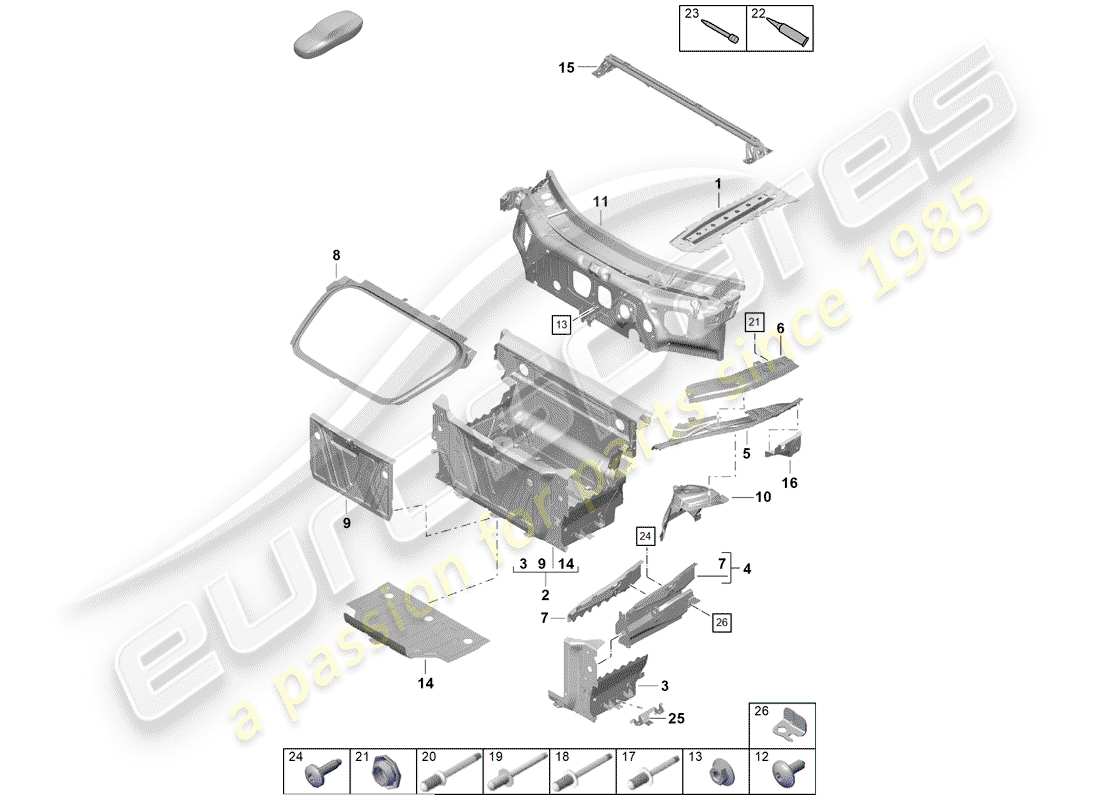 porsche 2019 (718 boxster spyder) diagrama de piezas del extremo delantero