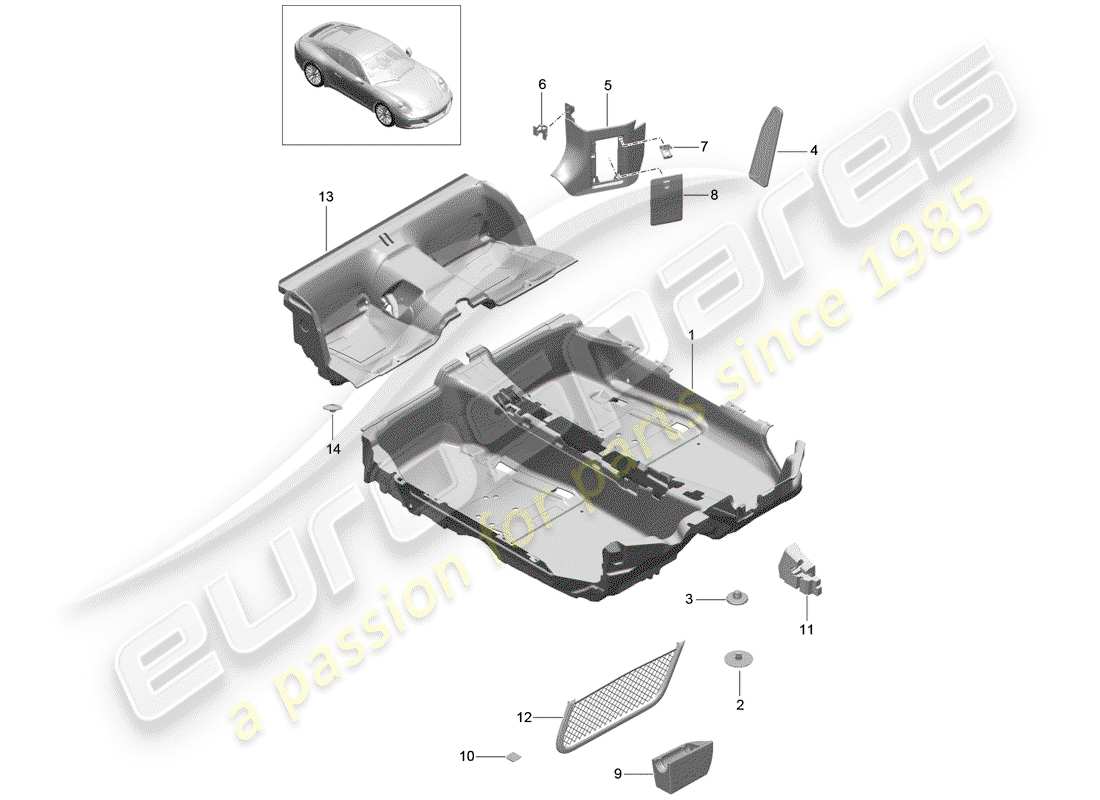 porsche 2017 (991-2) diagrama de piezas de la cubierta del piso