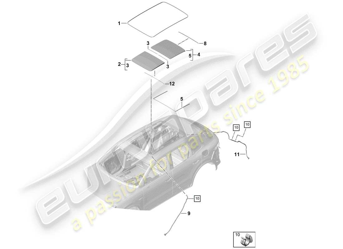 porsche 2020 (cayenne e3 9ya/9yb) diagrama de piezas del techo de cristal