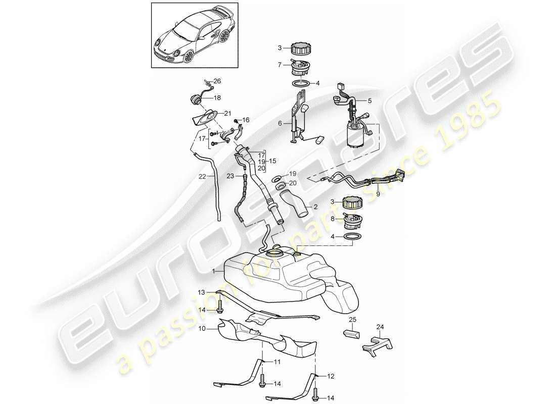 porsche 911 t/gt2rs (2011) diagrama de piezas del tanque de combustible