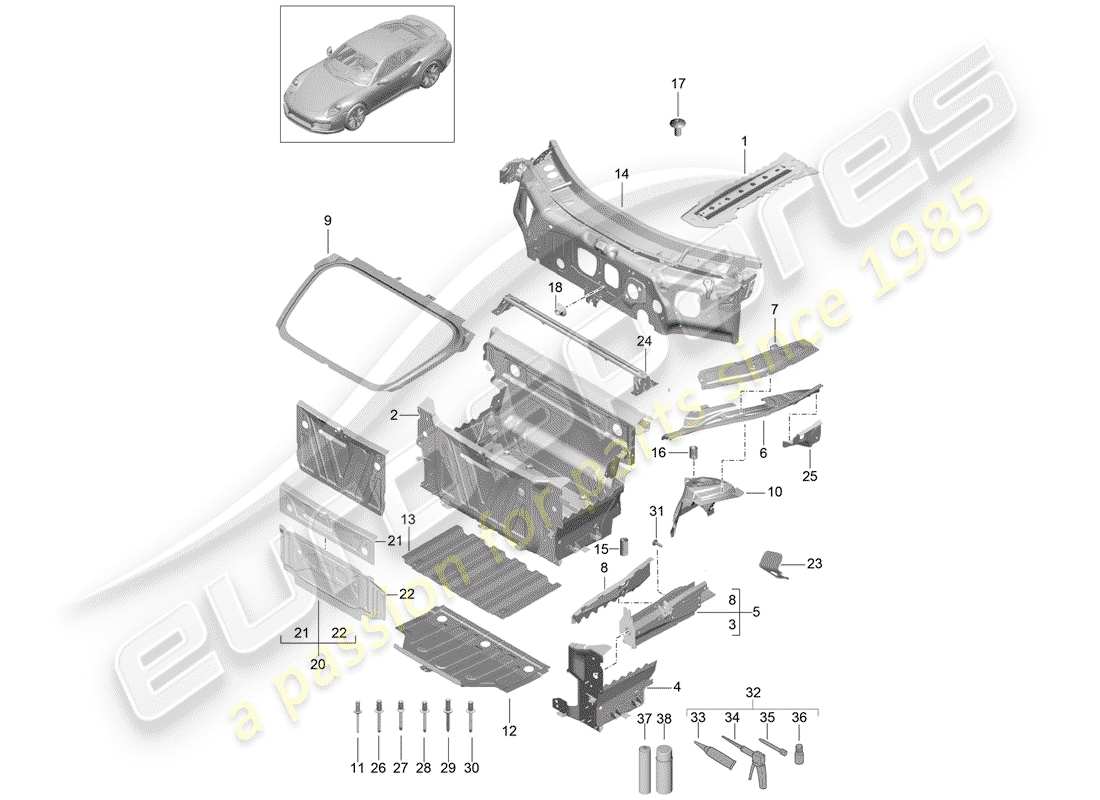porsche 991 turbo (2020) diagrama de piezas del extremo delantero