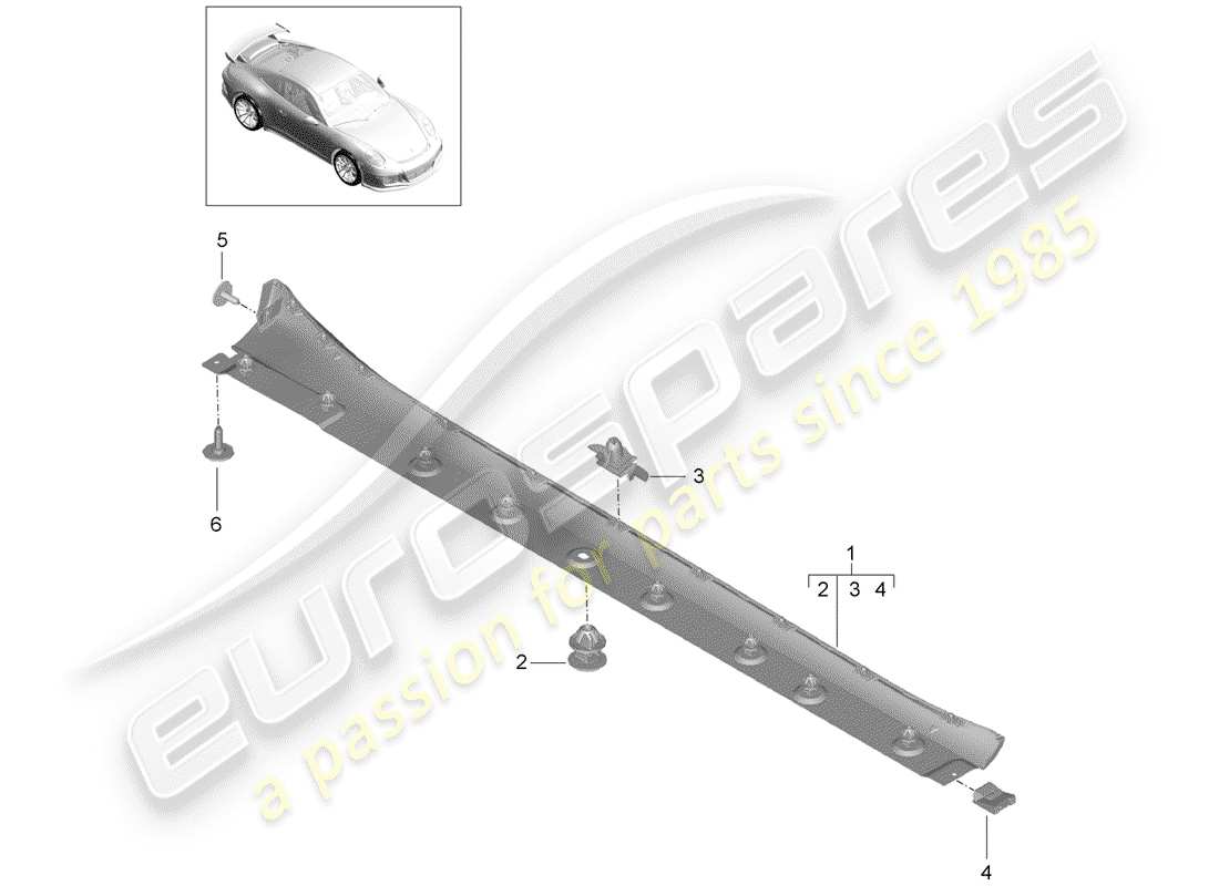 porsche 2014 (991-1 r/gt3/rs) moldura de larguero diagrama de piezas