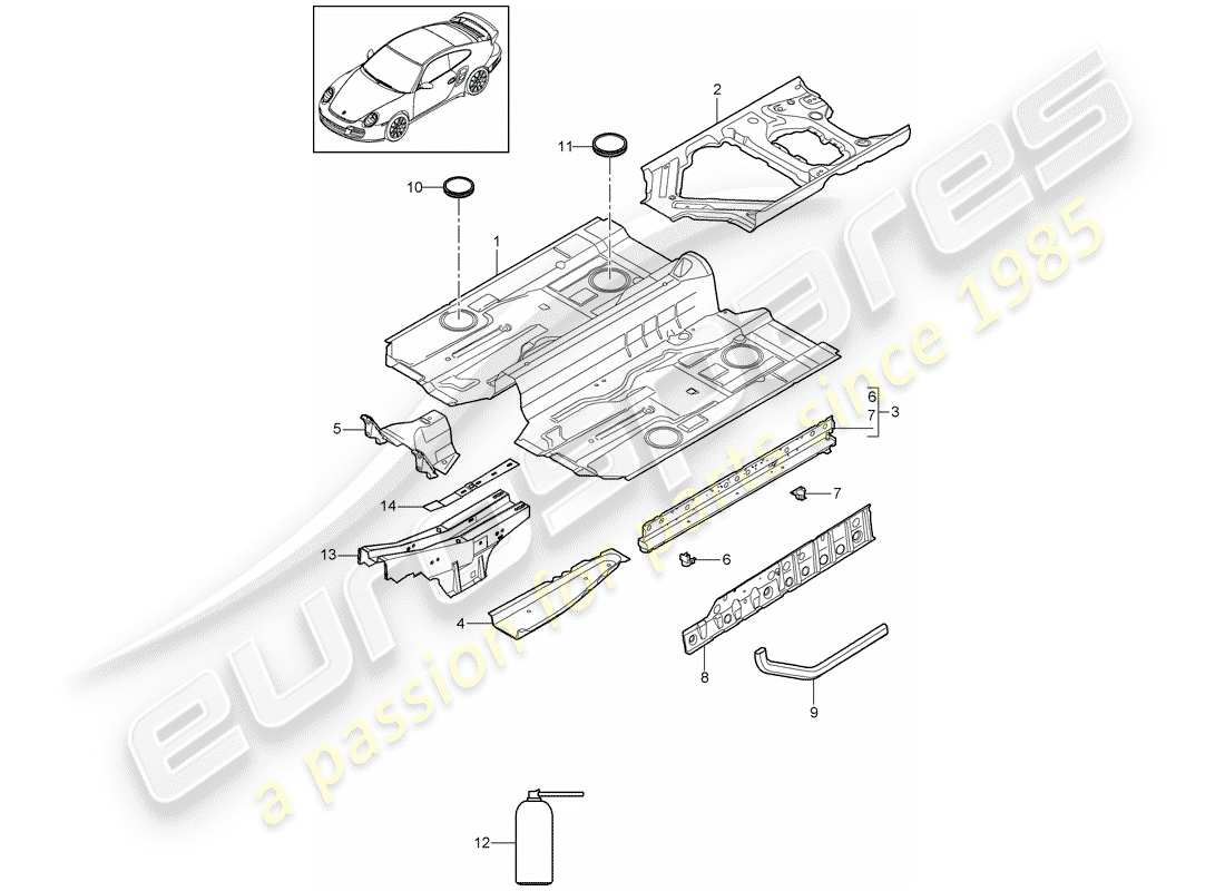 porsche 2011 (997-2 turbo / gt2 rs) piso diagrama de piezas