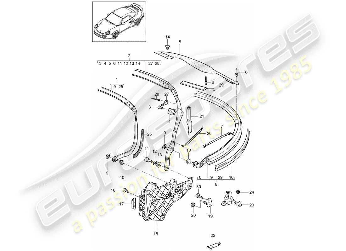porsche 2012 (997-2 turbo / gt2 rs) marco superior diagrama de piezas
