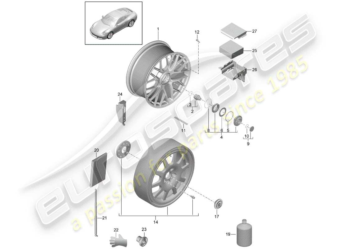 porsche 991 gen. 2 (2017) diagrama de piezas de la rueda de aleación