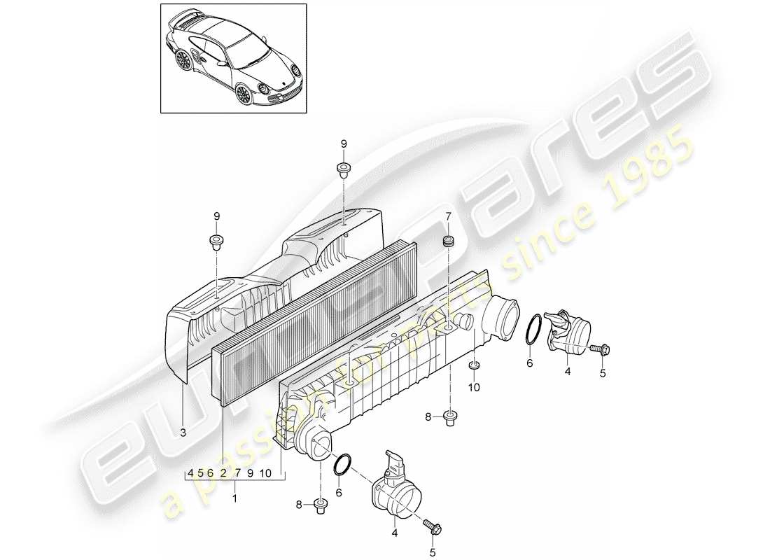 porsche 911 t/gt2rs (2011) diagrama de piezas del limpiador de aire