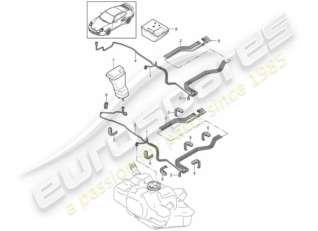 porsche 911 t/gt2rs (2011) diagrama de piezas del sistema de combustible