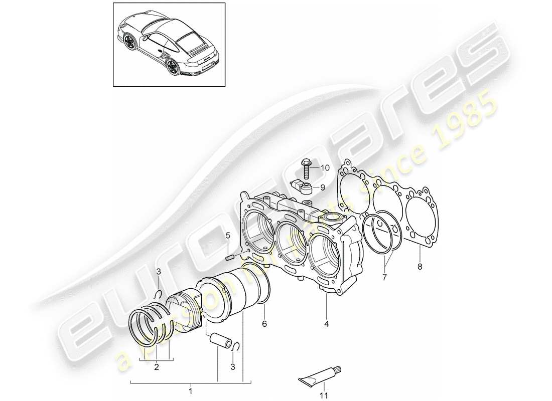 porsche 911 t/gt2rs (2011) cilindro con pistones diagrama de piezas