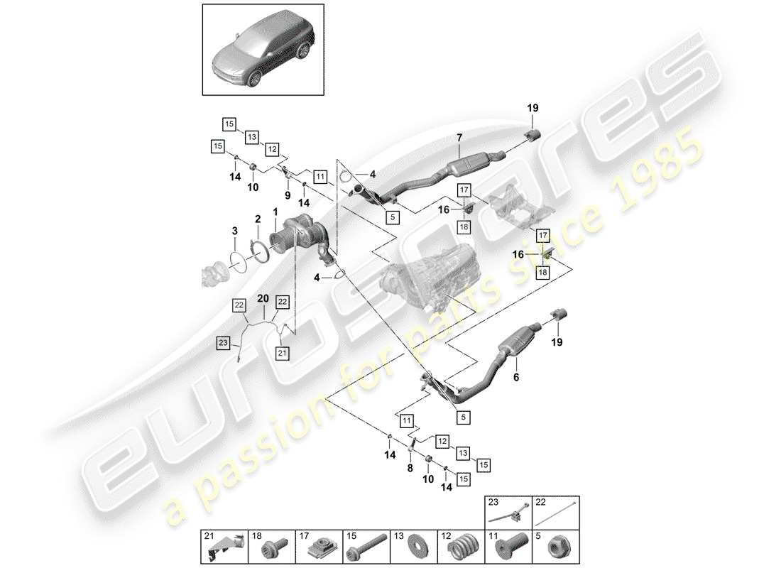 porsche 2020 (cayenne e3 9ya/9yb) diagrama de piezas del sistema de escape