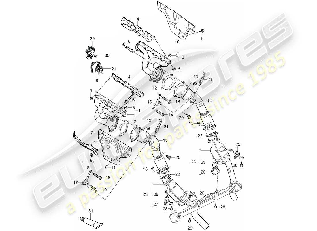 porsche 2010 (cayenne e1 9pa) diagrama de piezas del sistema de escape