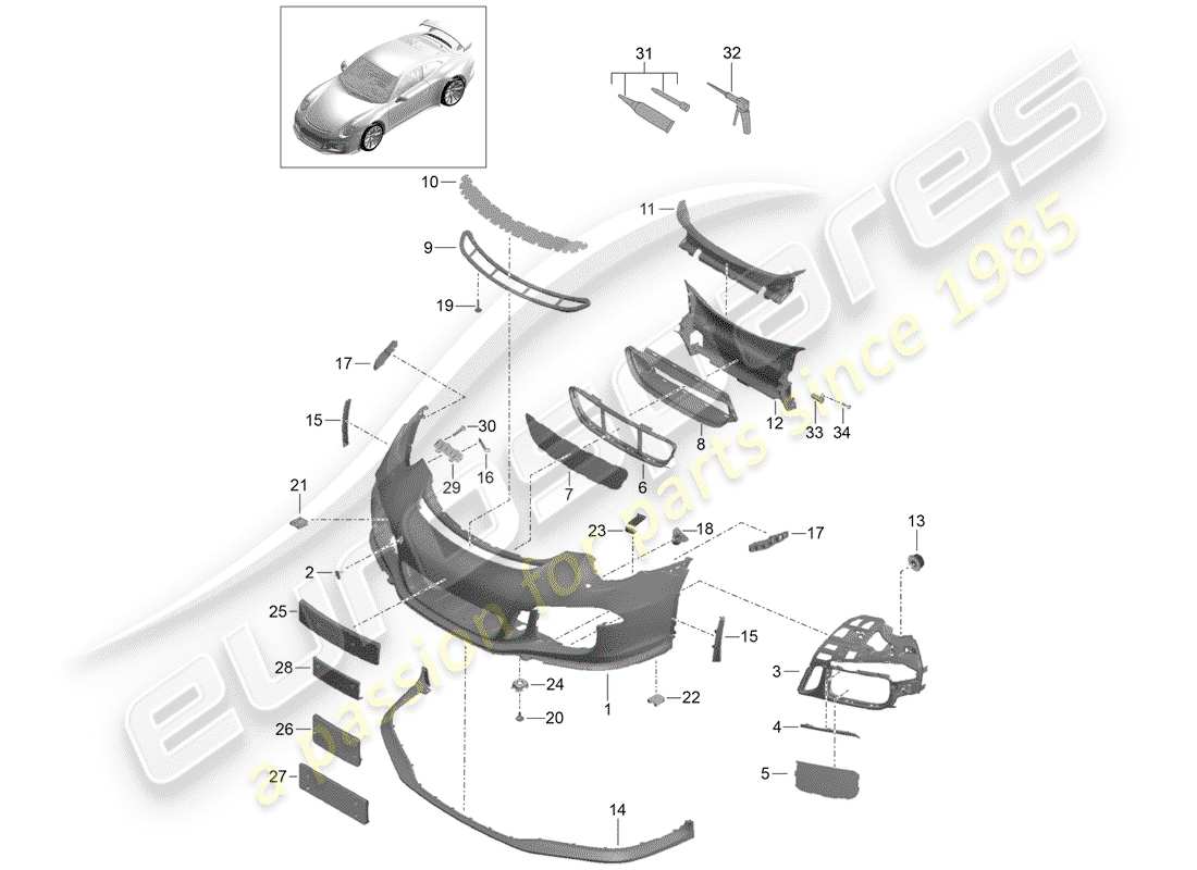porsche 991r/gt3/rs (2019) diagrama de piezas del parachoques