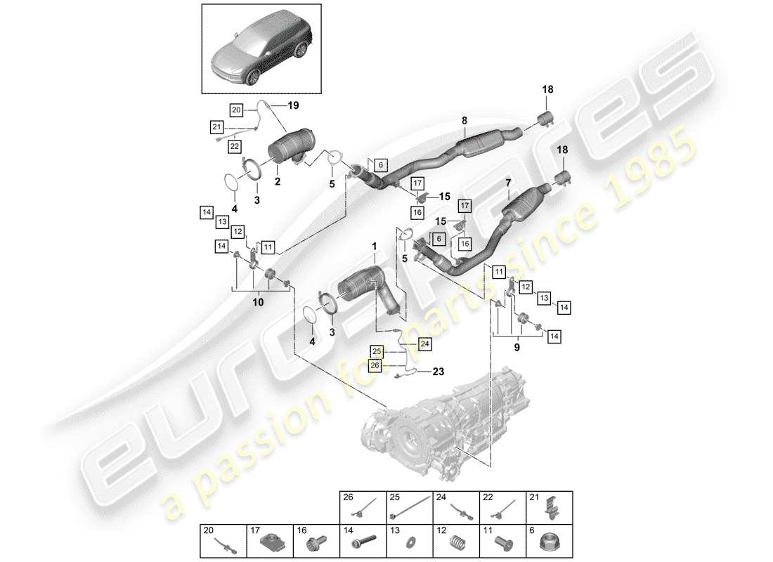 porsche 2020 (cayenne e3 9ya/9yb) diagrama de piezas del sistema de escape