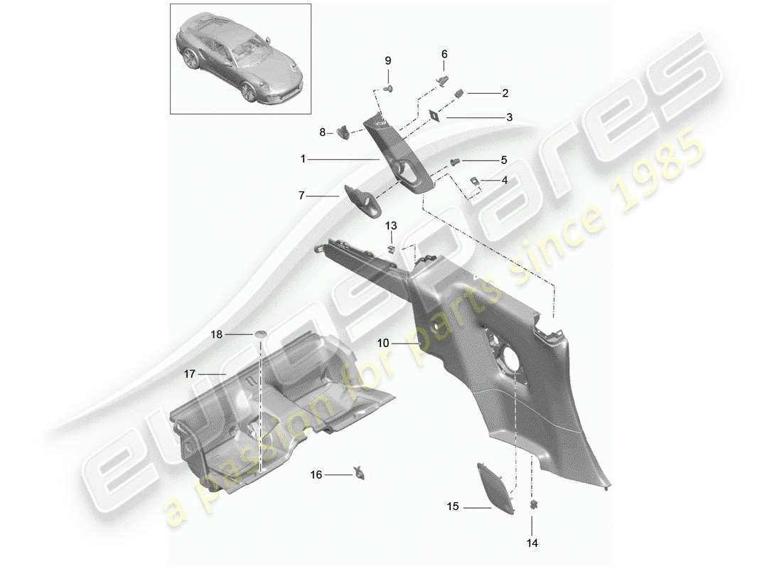 porsche 991 turbo (2020) diagrama de piezas del panel de acabado cuarto