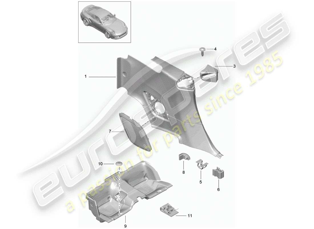 porsche 991 turbo (2020) diagrama de piezas del panel de acabado cuarto