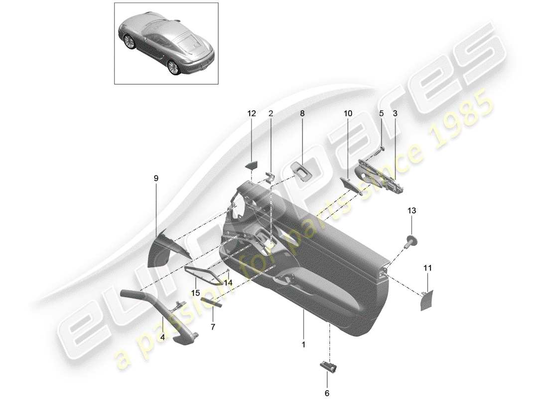 porsche 2015 (981 cayman) diagrama de piezas del panel de puerta
