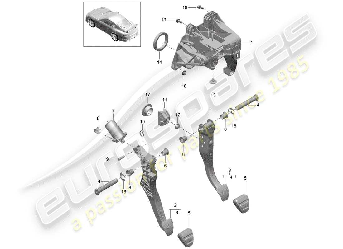 porsche 991r/gt3/rs (2019) freno y acc. diagrama de piezas del conjunto del pedal