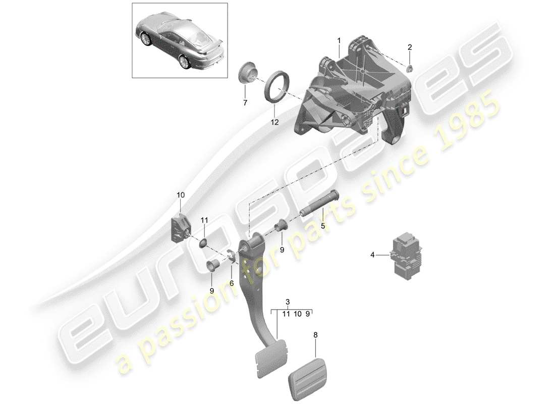 porsche 991r/gt3/rs (2019) freno y acc. diagrama de piezas del conjunto del pedal