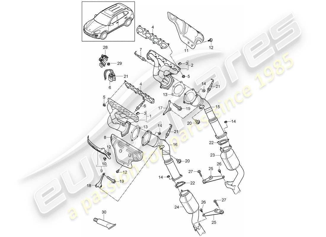 porsche 2017 (cayenne e2 92a) sistema de escape diagrama de piezas