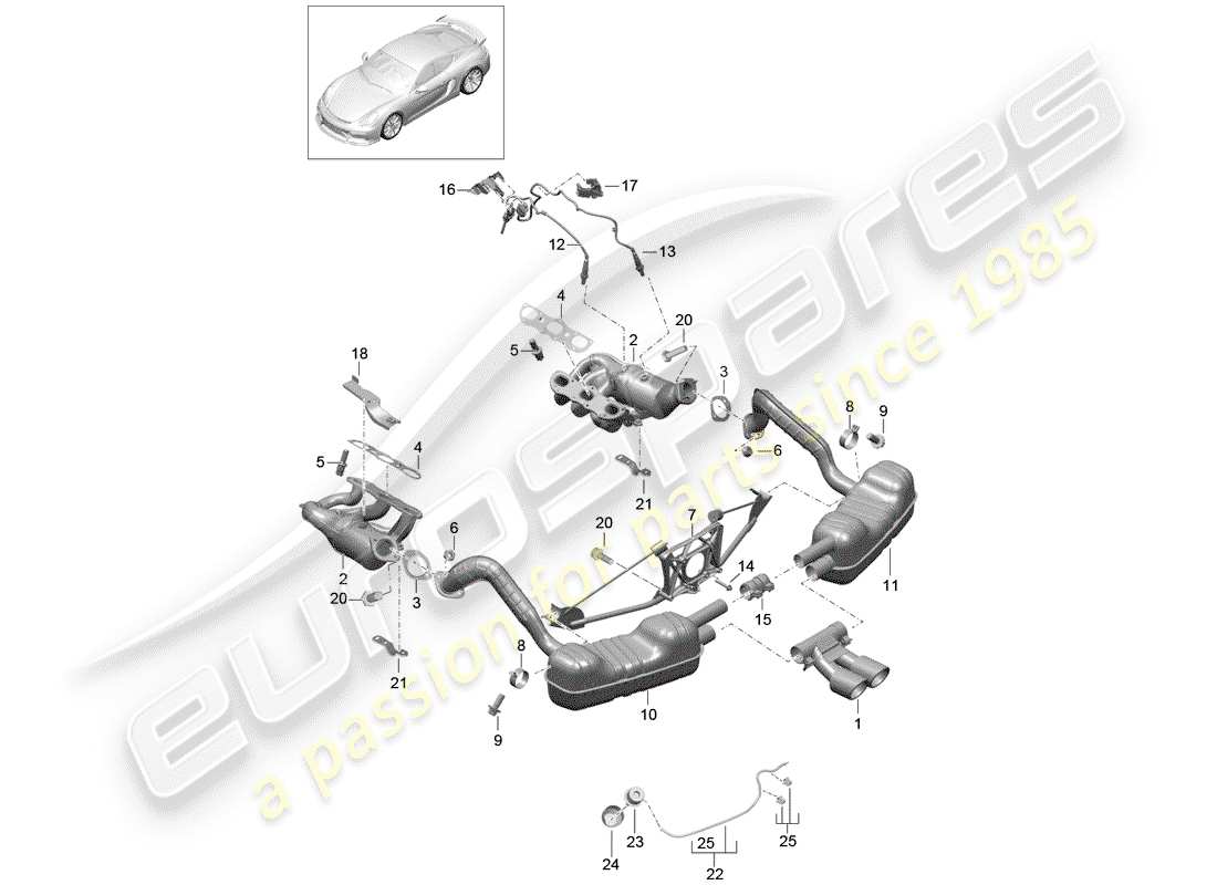porsche 2016 (981 cayman gt4) sistema de escape diagrama de piezas