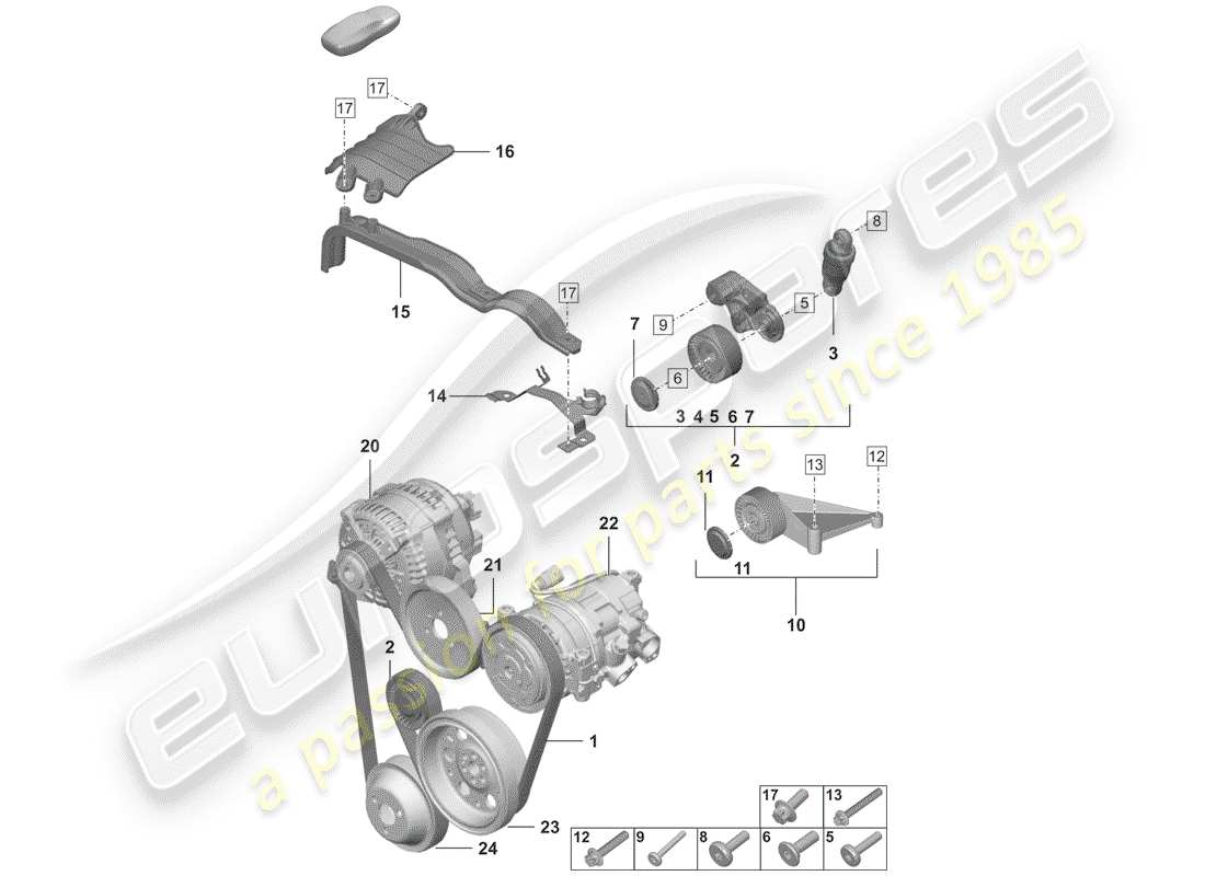 porsche 2020 (992-1) cinturón acanalado en v diagrama de piezas