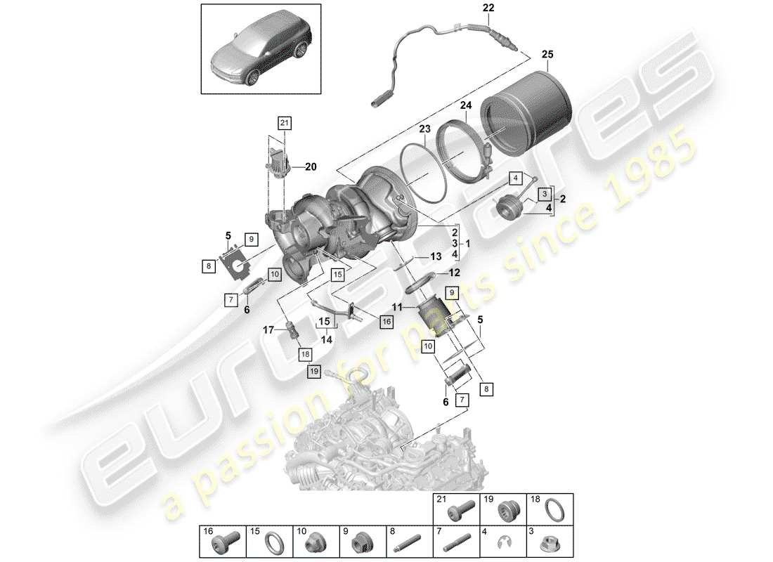 porsche 2020 (cayenne e3 9ya/9yb) diagrama de piezas del turbocompresor de gas de escape