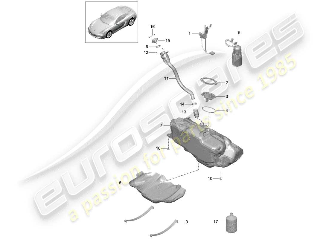 porsche cayman 981 (2015) diagrama de piezas del tanque de combustible