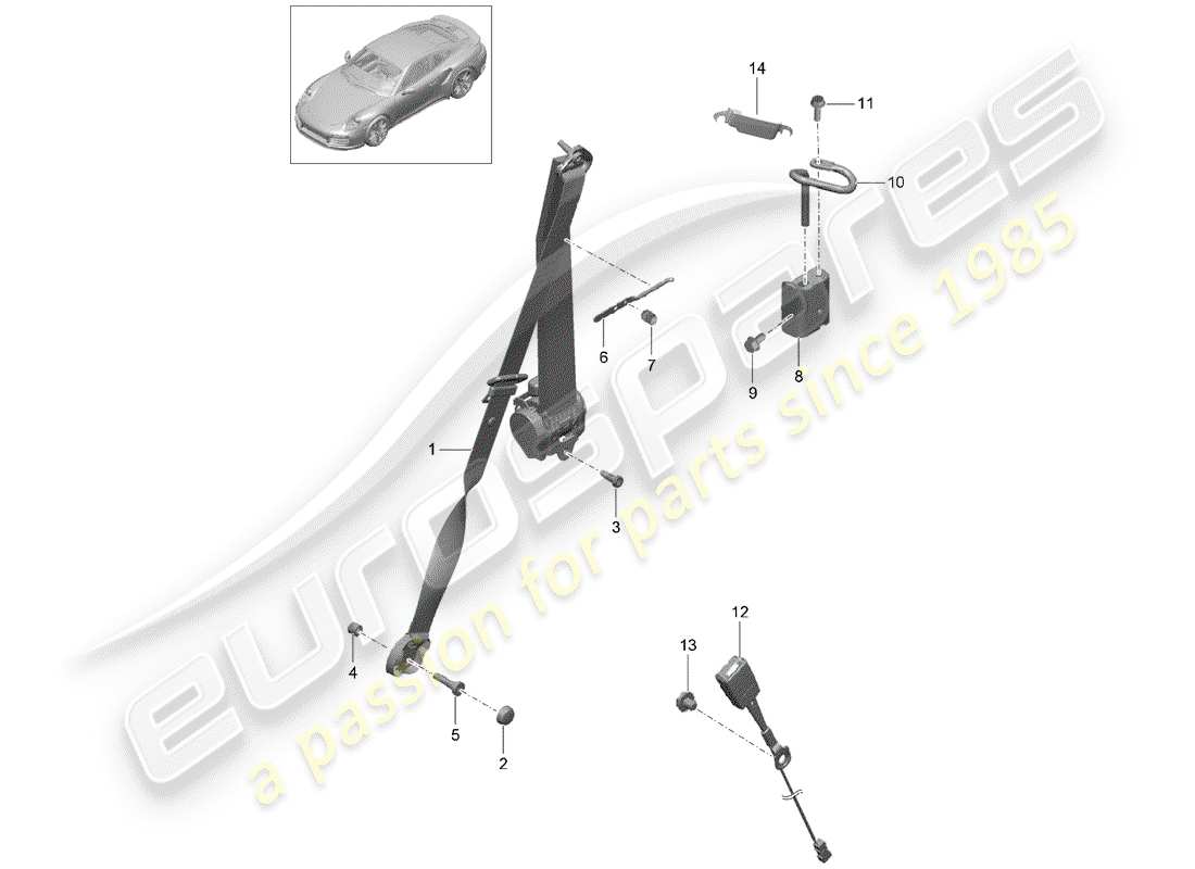 porsche 2020 (991-2 turbo) diagrama de piezas del cinturón de seguridad de tres puntos
