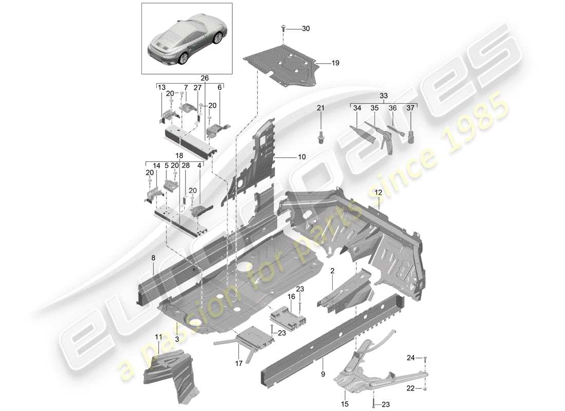 porsche 2020 (991-2 turbo) placas de piso diagrama de piezas