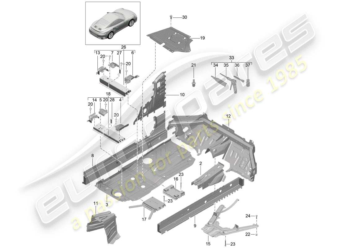 porsche 991 turbo (2020) placas de piso diagrama de piezas